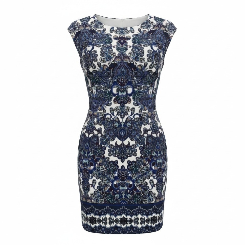 London Times Paisley Sheath Dress Women 14 Blue Boho Career Office Sleeveless